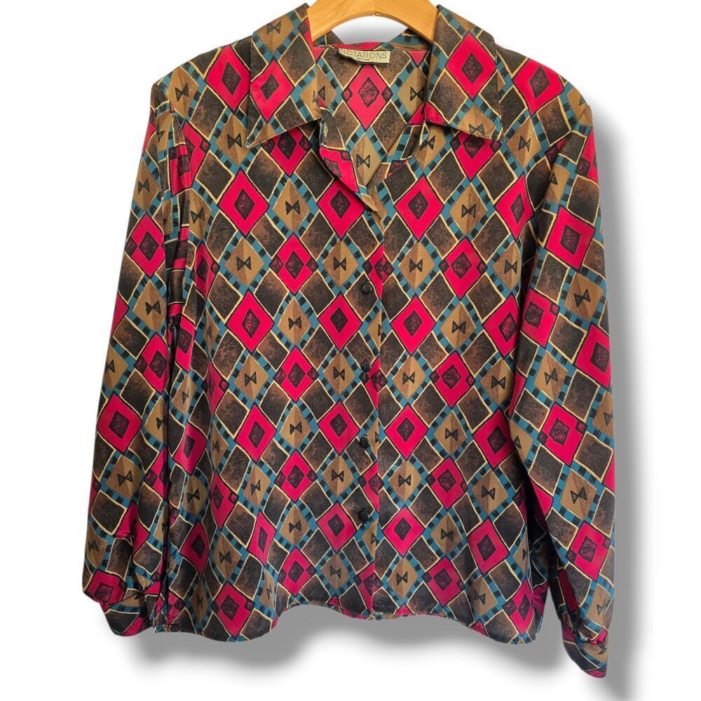 Vintage Notations Petite Medium Pink Brown Geometric Button Down Shirt Retro